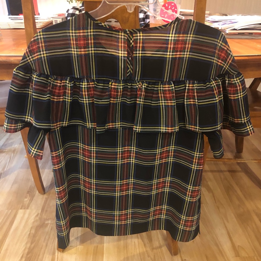 Woman’s J. Crew Plaid short sleeve ruffled blouse - Picture 2 of 4
